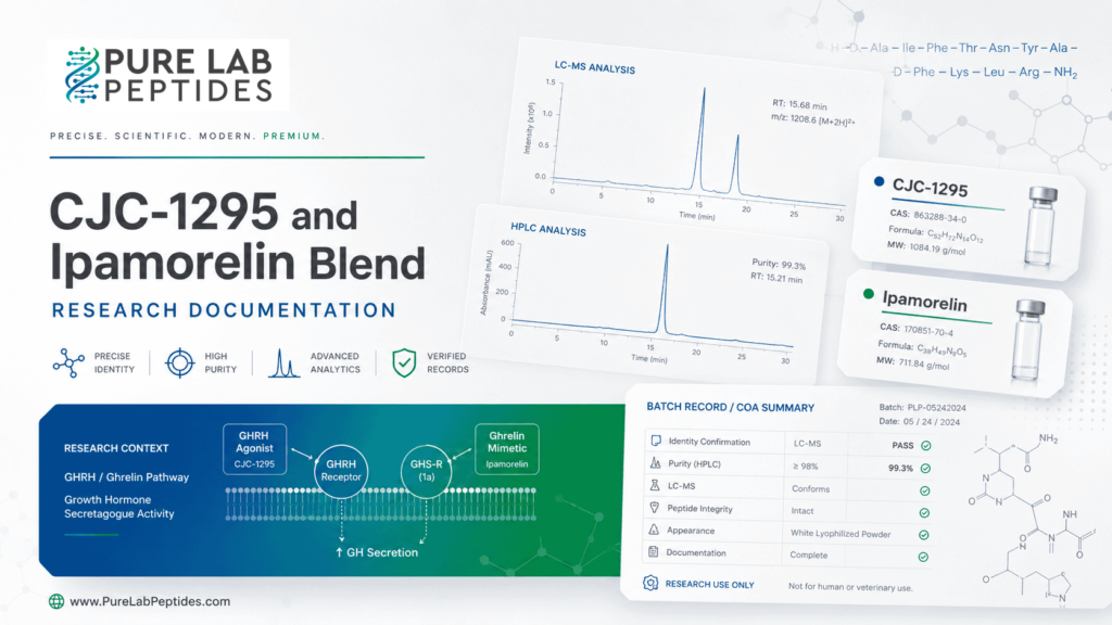 CJC-1295 and Ipamorelin research documentation graphic with LC-MS, HPLC, and COA details